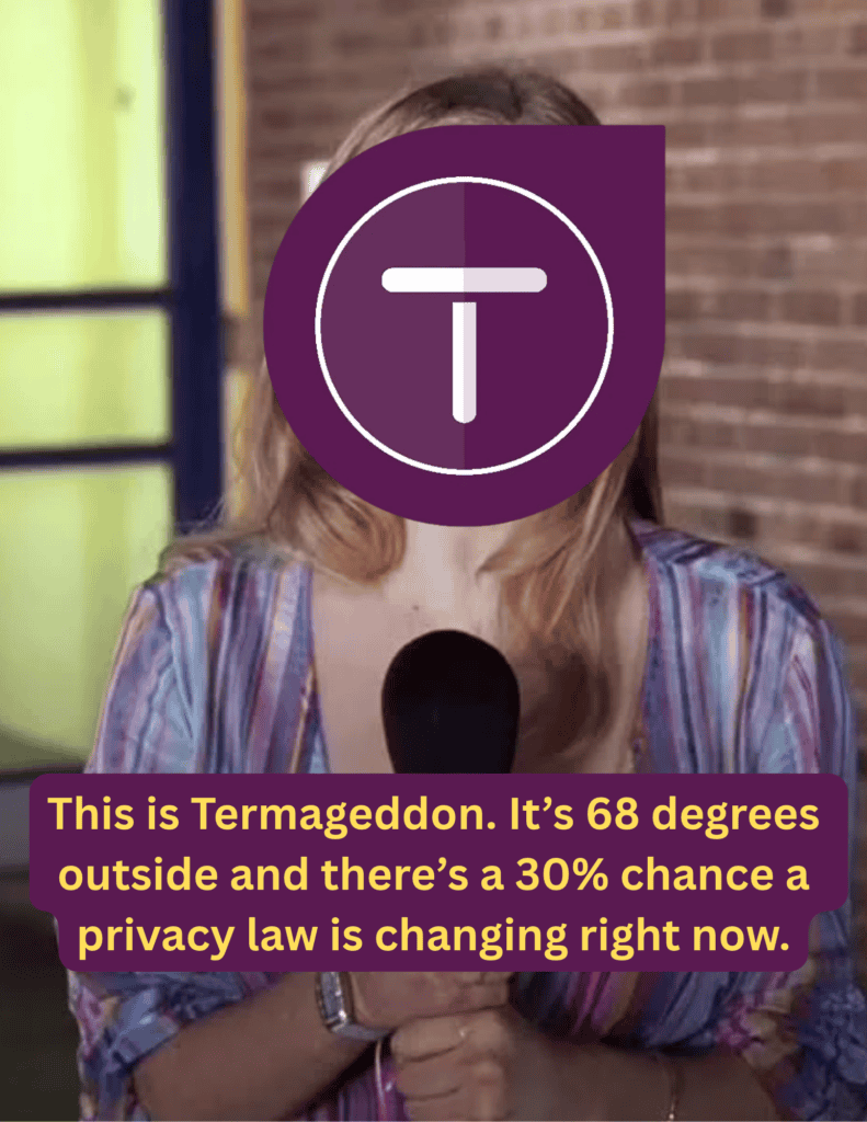 A news reporter with the Termageddon logo over her face holds a microphone, with the caption: “This is Termageddon. It’s 68 degrees outside and there’s a 30% chance a privacy law is changing right now.”